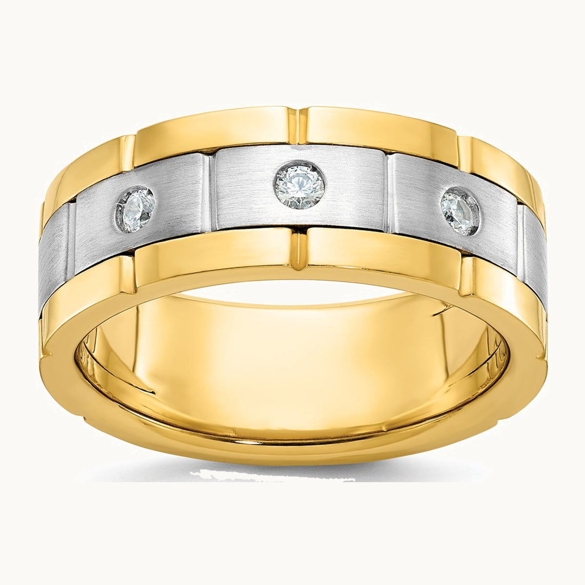 IBGoodman 14K Two-tone Men's Polished Satin and Grooved 3-Stone 1/6 Carat AA Quality Diamond Ring