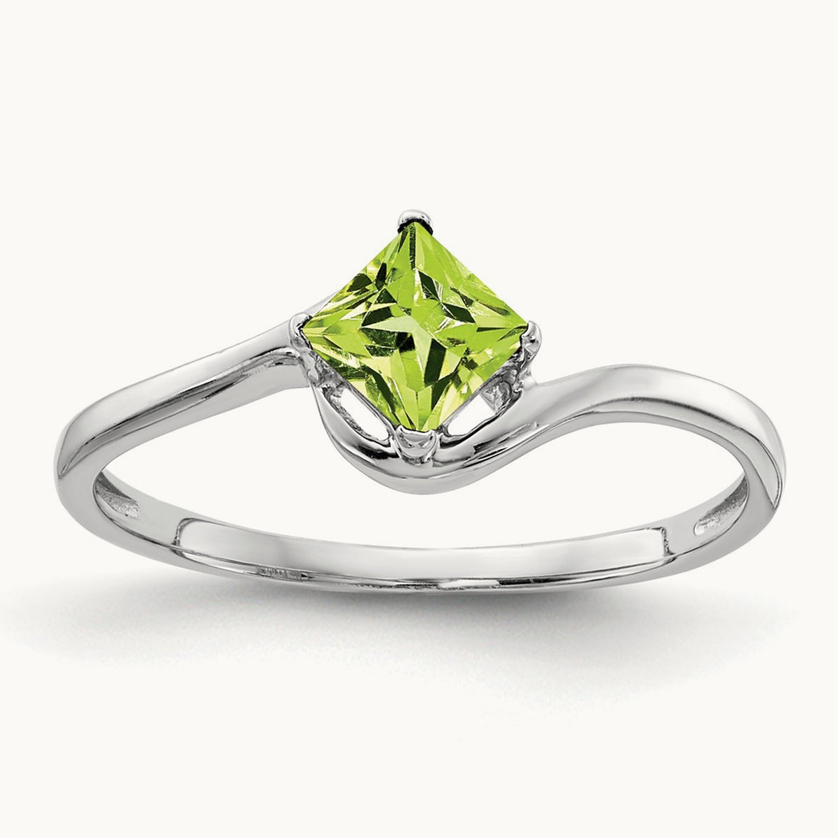 Princess Cut Peridot ring, 4mm, 14K White Gold