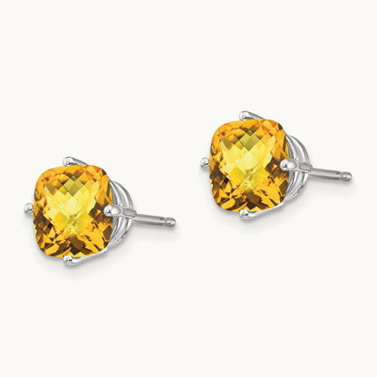 7x7mm Cushion Citrine Checker Earring, 14K White Gold