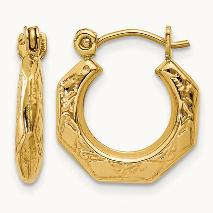 Polished Patterned Hollow Hoop Earrings, 14K