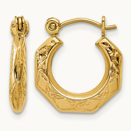 Polished Patterned Hollow Hoop Earrings, 14K