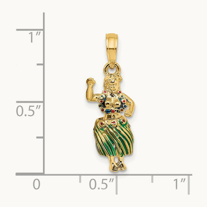 3-D Hula Girl w/ Moveable Grass Skirt Charm, 14K
