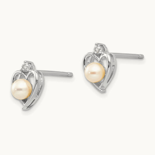 FWCultured Pearl and Diamond Heart Post Earrings, 14K White Gold