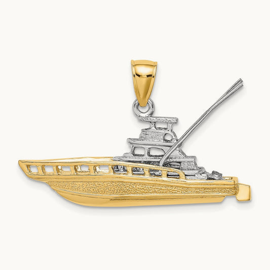 Textured 3-D Offshore Sportfishing Boat Charm, 14K Two-tone