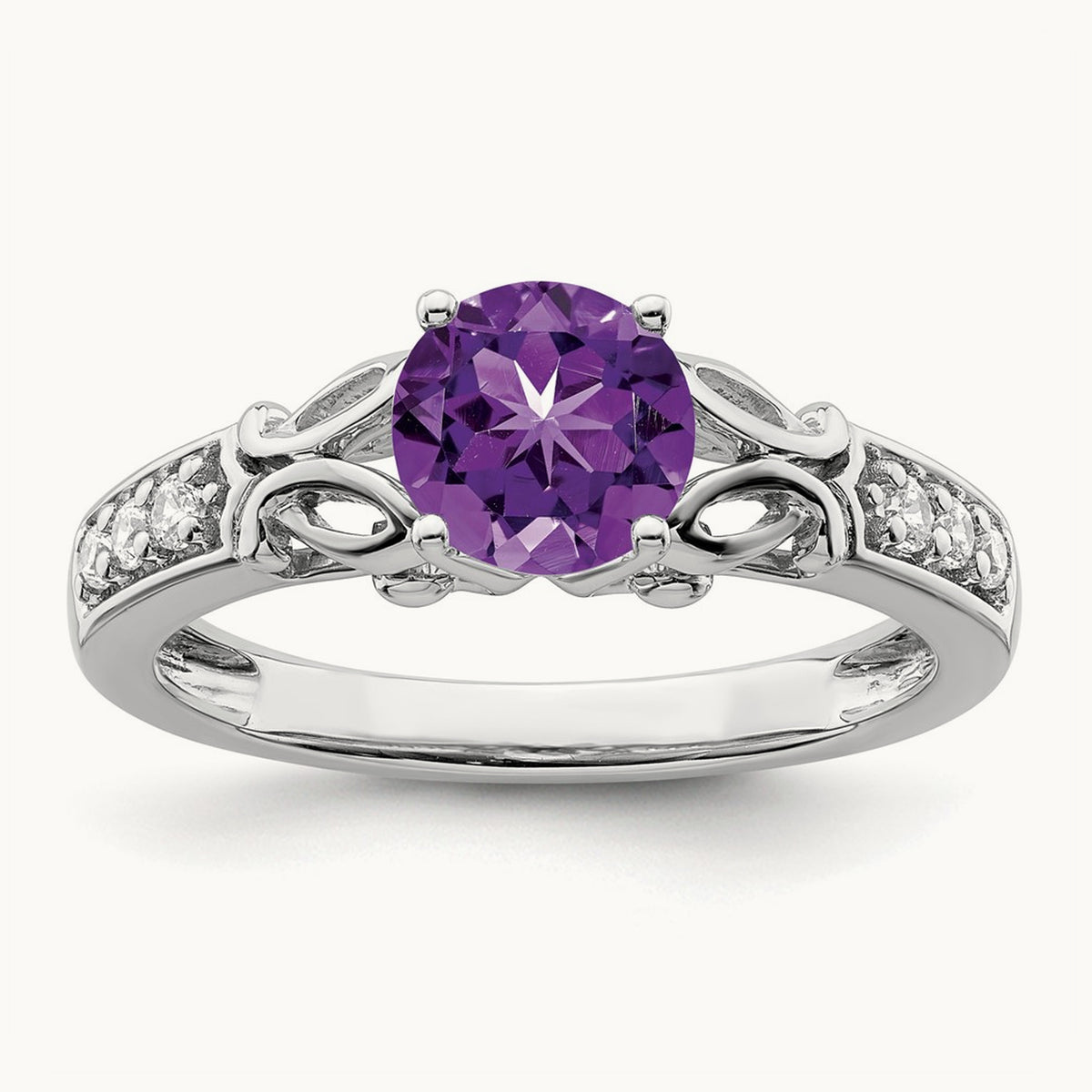 Polished Amethyst and Diamond Ring, 14K White Gold