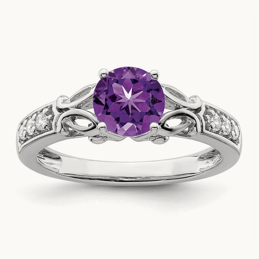 Polished Amethyst and Diamond Ring, 14K White Gold
