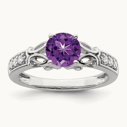 Polished Amethyst and Diamond Ring, 14K White Gold