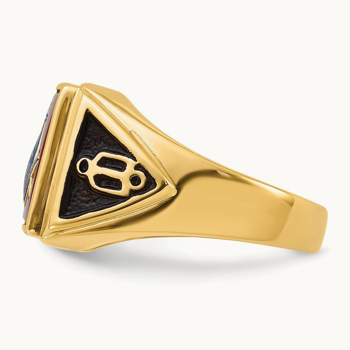 Men's Textured w/ Black Enamel & Lab Cr. Ruby Masonic Ring, 14K