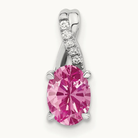 Oval Created Pink Sapphire and Diamond Pendant, 14K White Gold