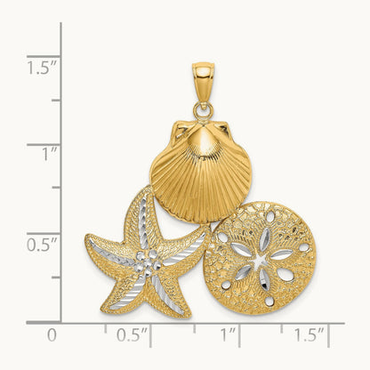 Diamond-cut Scallop Starfish Sand Dollar Charm, 14K with White Rhodium