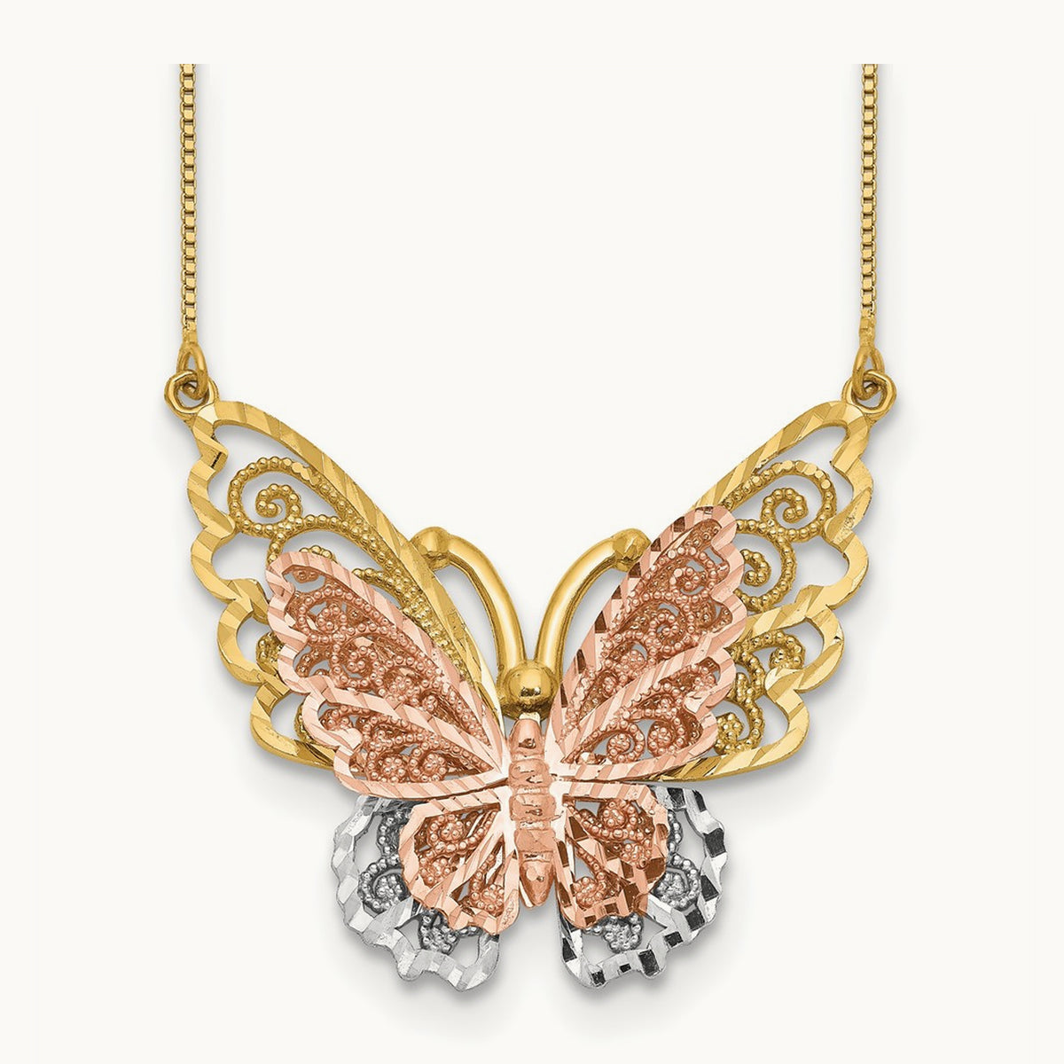 & Rose Gold w/ Rhodium Butterfly Necklace, 14K Yellow