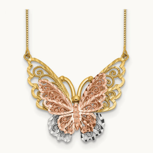 & Rose Gold w/ Rhodium Butterfly Necklace, 14K Yellow