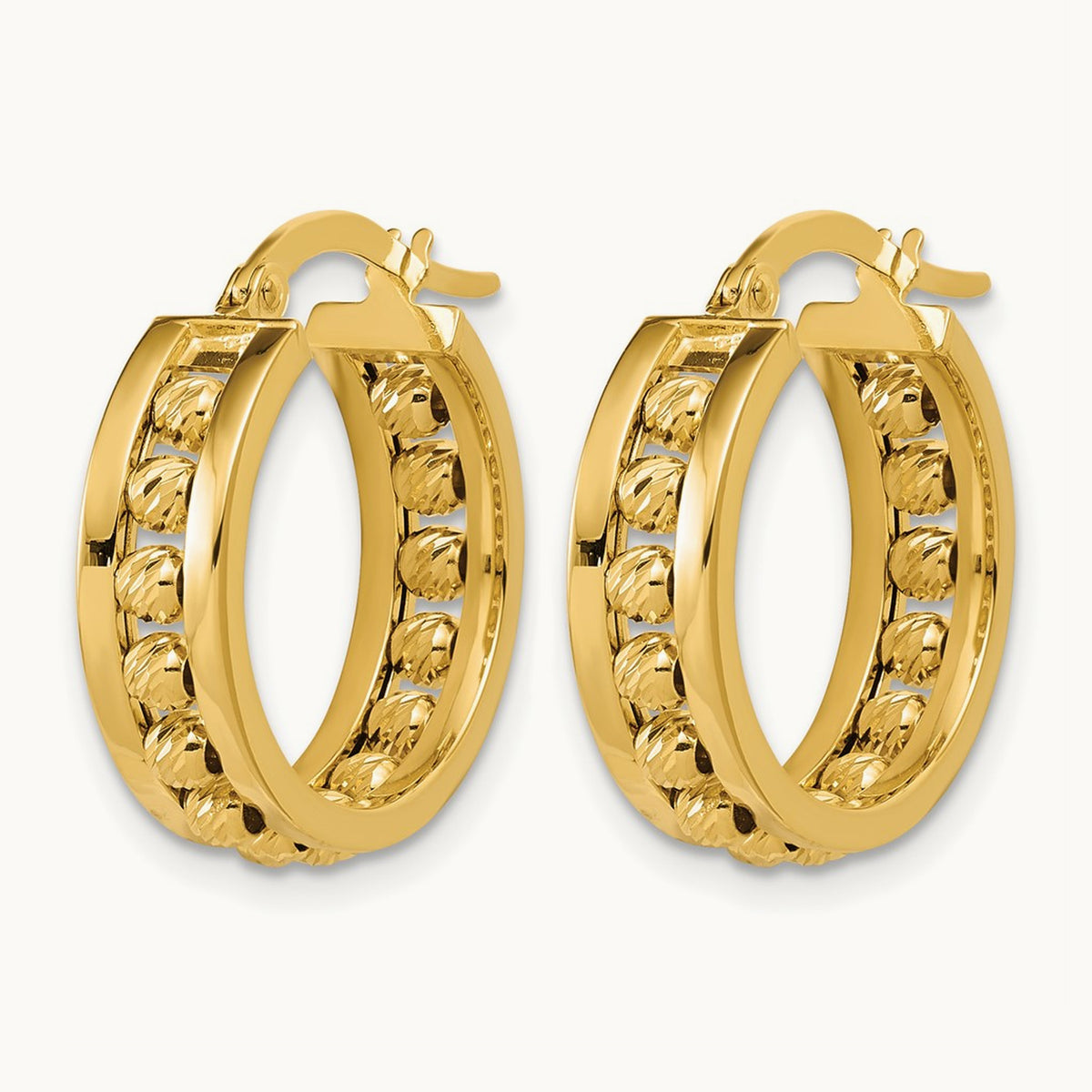 Polished and Diamond-cut Beaded Tube Hoop Earrings — 19.5mm