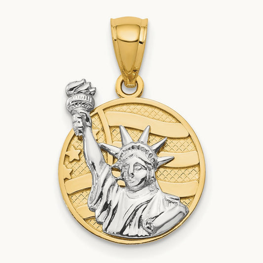 Lady Liberty on American Flag Disk Pendant, 14K Two-tone