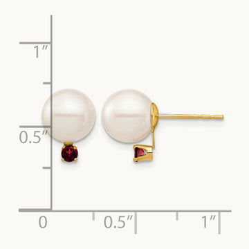 8- White Round Freshwater Cultured Pearl Garnet Post Earrings, 8.5mm, 14K