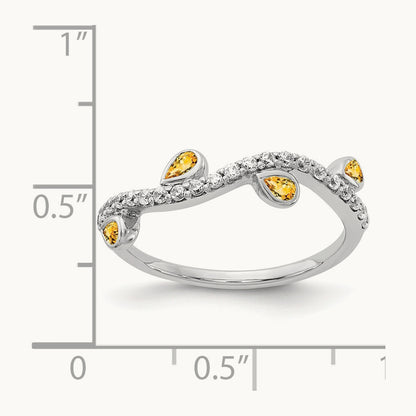 Diamond and Pear Citrine Curved Ring, 14K White Gold
