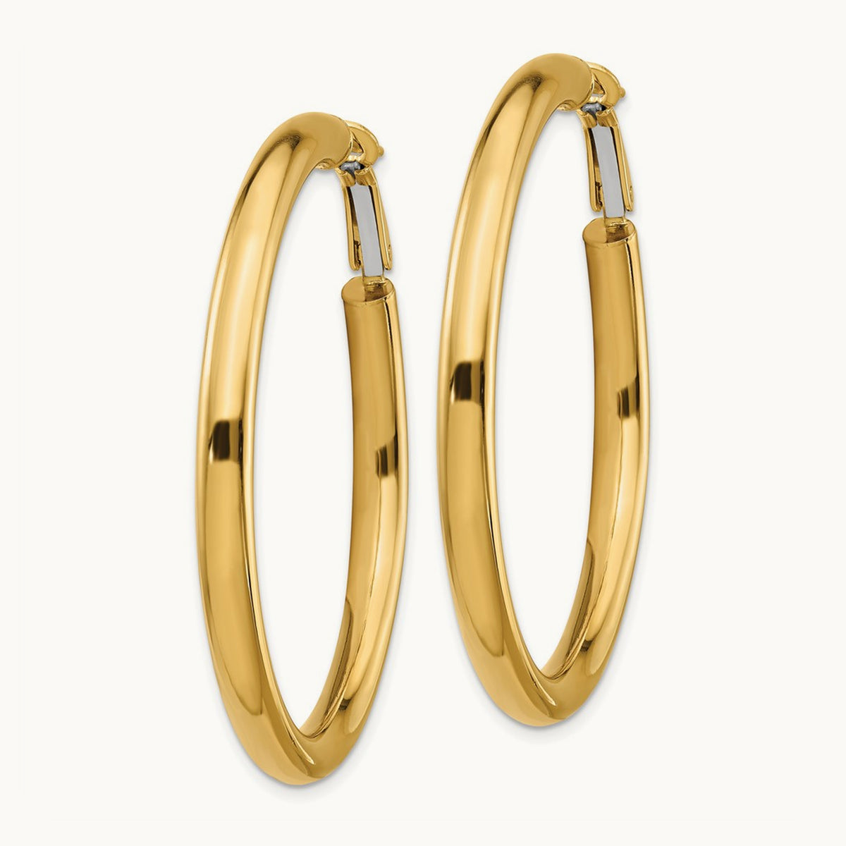 Polished Round Omega Back Hoop Earrings — 14K Yellow Gold, 4x50mm
