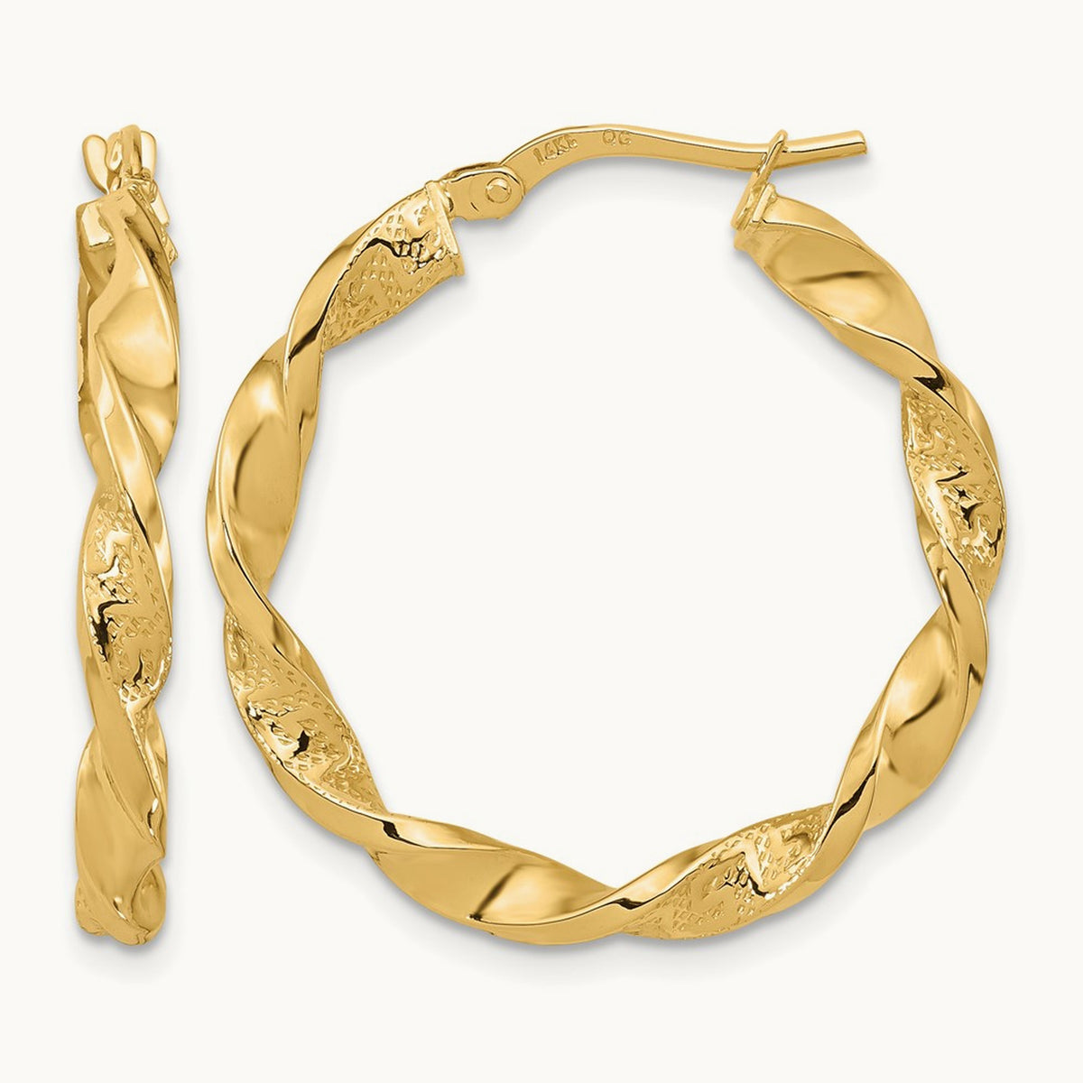 Polished and Textured Twisted Hoop Earrings — 14K Yellow Gold, 28.5mm