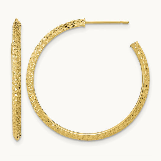 2x25mm Polished Diamond-cut Round Hoop Post Earrings, 14K