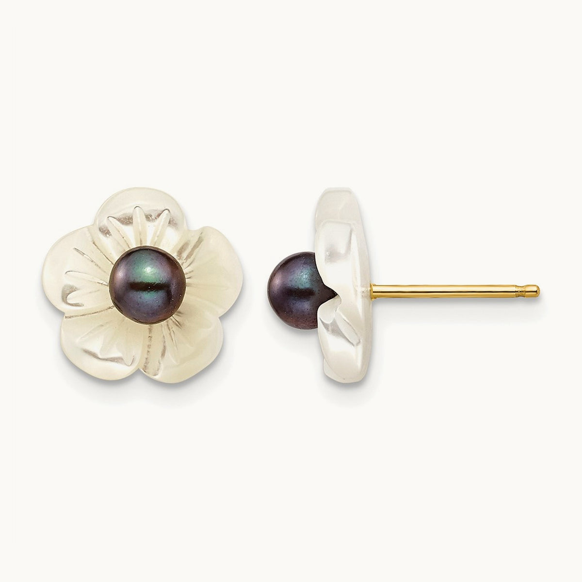 3- Black FW Cultured Pearl w/10 mm MOP Flower Post Earrings, 4mm, 14K