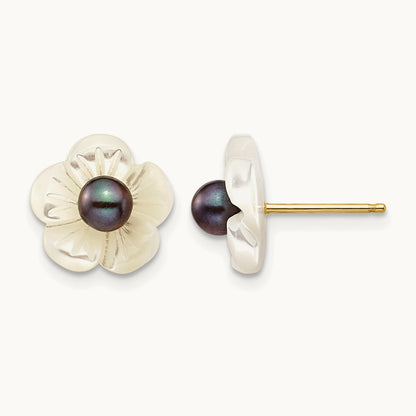 3- Black FW Cultured Pearl w/10 mm MOP Flower Post Earrings, 4mm, 14K