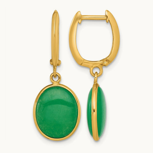 Polished Oval Jade Dangle Hinged Hoop Earrings, 14K