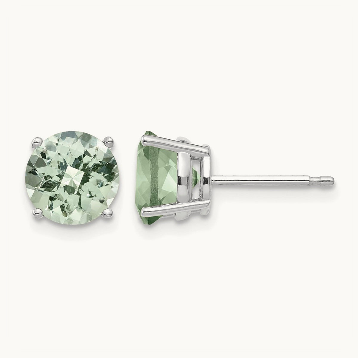 Round Checker-Cut Green Quartz Earrings — 14K White Gold, 7mm