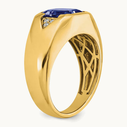 Emerald-cut Created Sapphire and Lab-Grown Diamond Men's Ring — 14K Yellow Gold