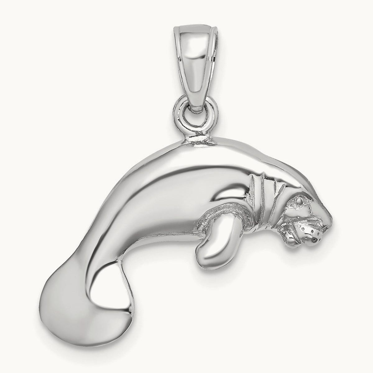 3-D Polished Swimming Manatee Charm — 14K White Gold