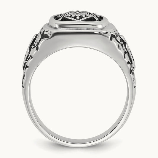 Men's Antiqued Textured w/ Black Enamel & Diamond Masonic Ring, 14K White Gold