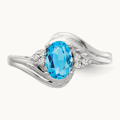7x5mm Oval Blue Topaz AA Diamond ring, 14K White Gold
