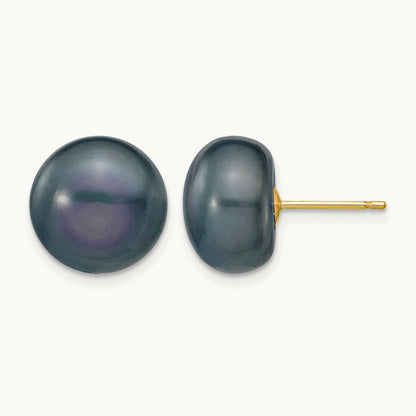 Black Button Freshwater Cultured Pearl Stud Post Earrings — 14K Yellow Gold