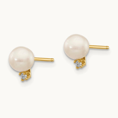 5- Pink Round Freshwater Cultured Pearl .02ct Diamond Post Earrings, 14K
