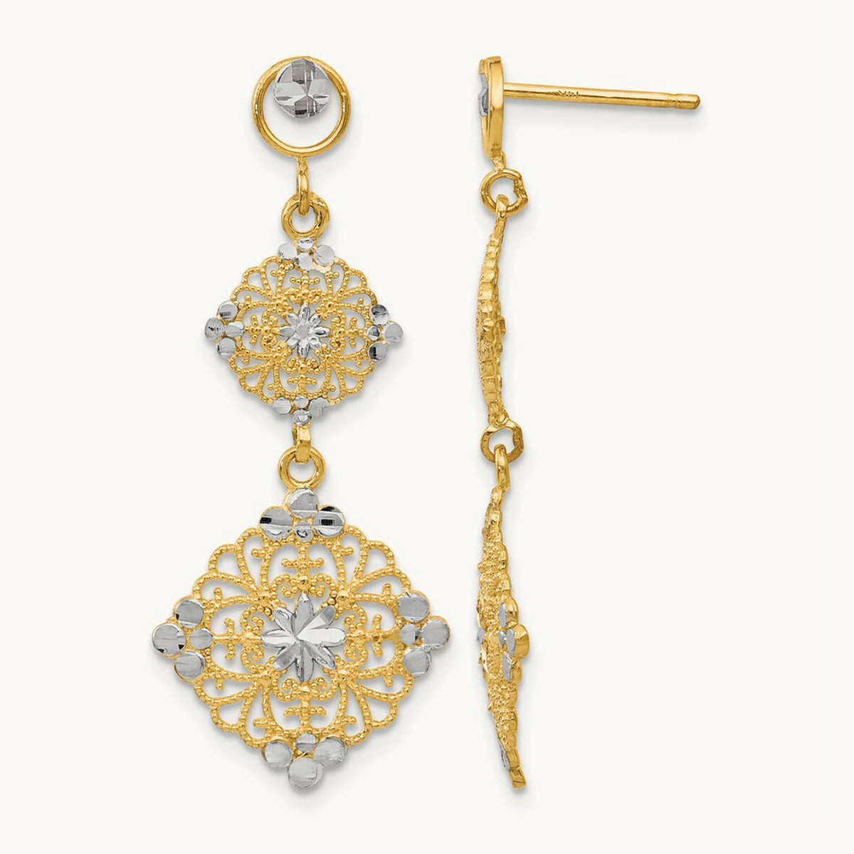 Diamond-cut Filigree Dangle Earrings — 14K Two-Tone Gold