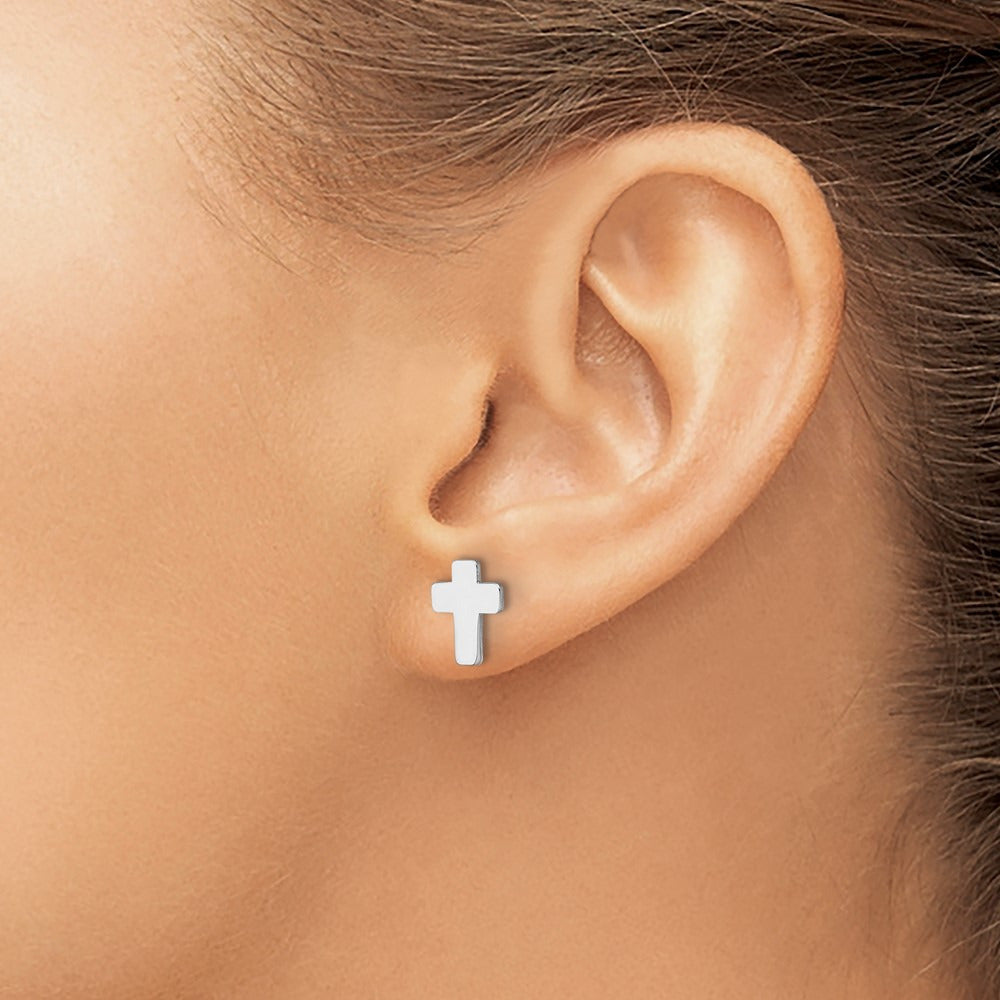 Polished Cross Post Earrings — 14K White Gold