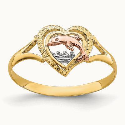 W/Rhodium Dolphin In Heart Ring, 14K Yellow with Rose Gold