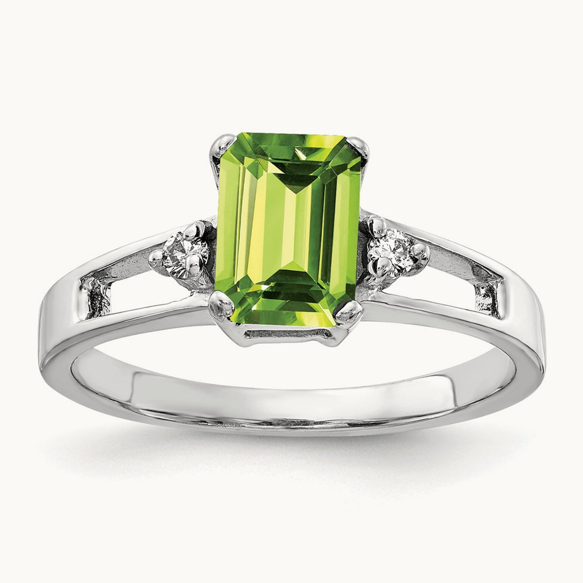 7x5mm Emerald Cut Peridot AA Diamond ring, 14K White Gold