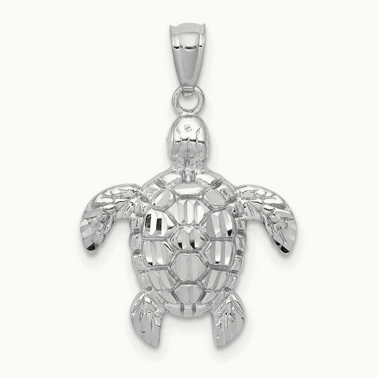 Diamond-cut Polished Sea Turtle Pendant — 14K White Gold