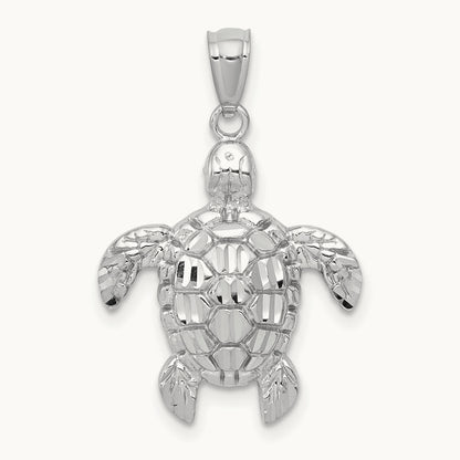 Diamond-cut Polished Sea Turtle Pendant — 14K White Gold