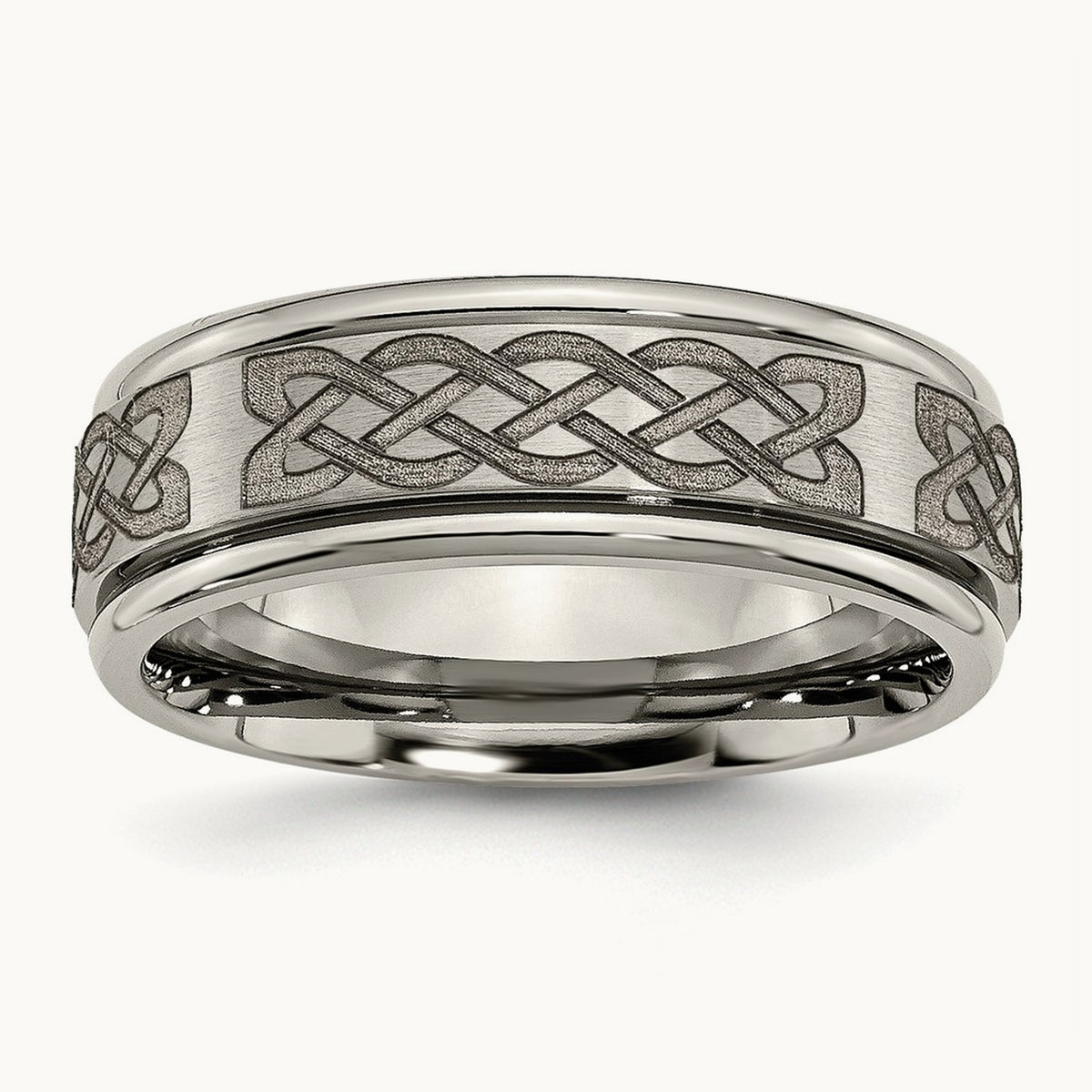Brushed & Polished Celtic Laser Design Ridged Edge Band, 8mm, Titanium