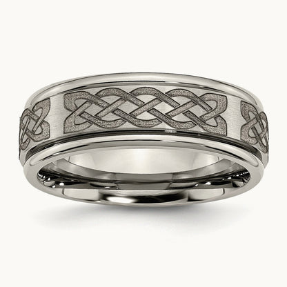 Brushed & Polished Celtic Laser Design Ridged Edge Band, 8mm, Titanium