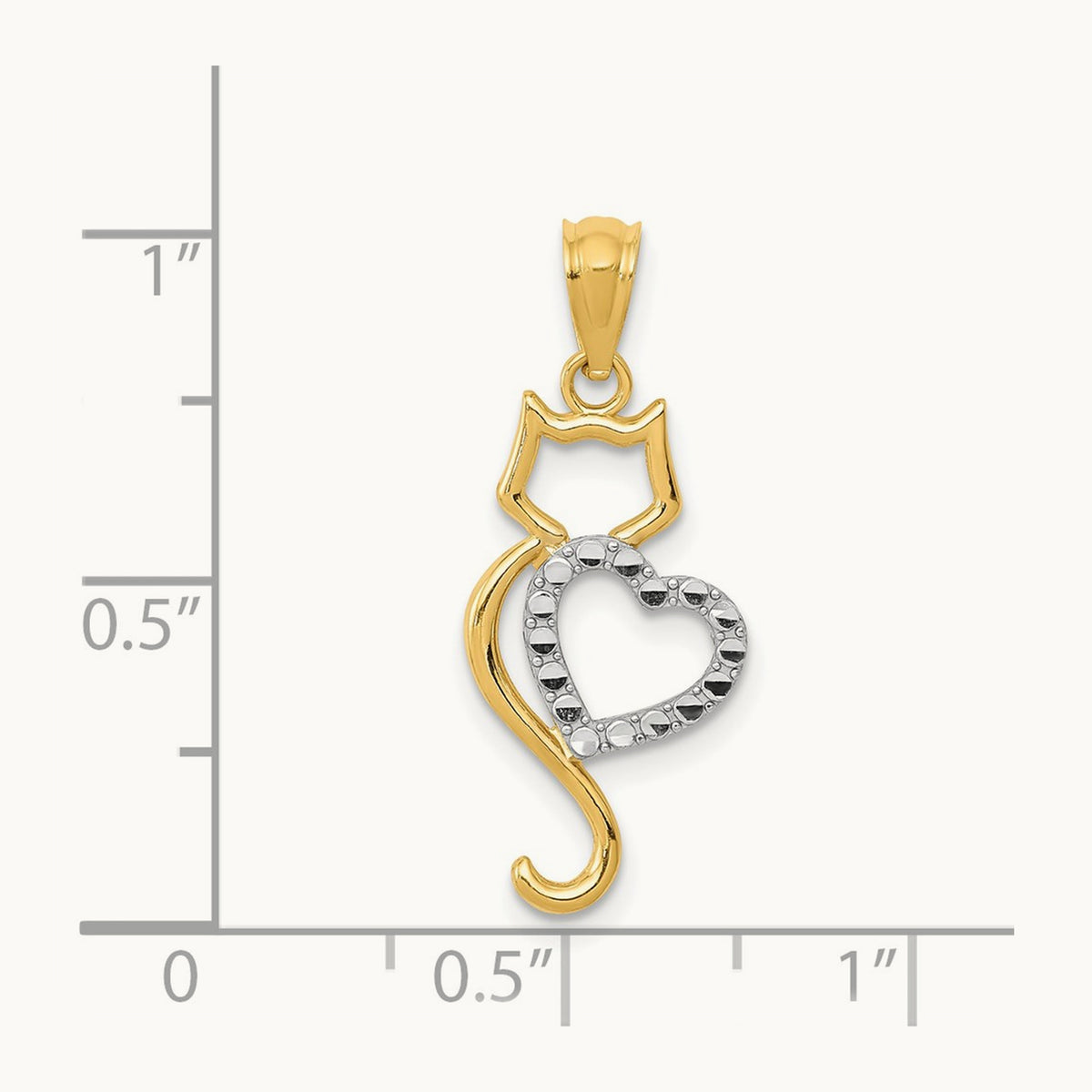 Rhodium-Plated Polished Cat w/Heart Pendant, 14K