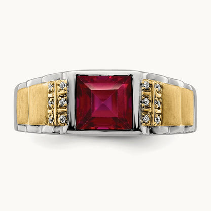 Created Ruby and Diamond Mens Ring, 14K Two-tone