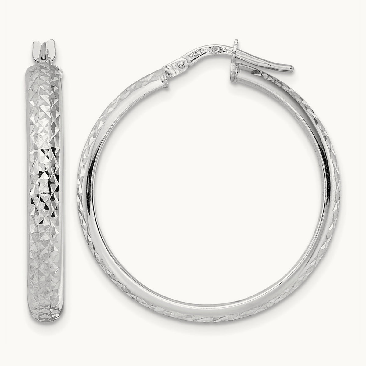 Diamond Cut Hoop Earrings, 14K White Gold