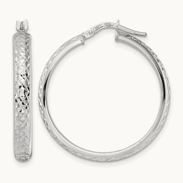 Diamond Cut Hoop Earrings, 14K White Gold