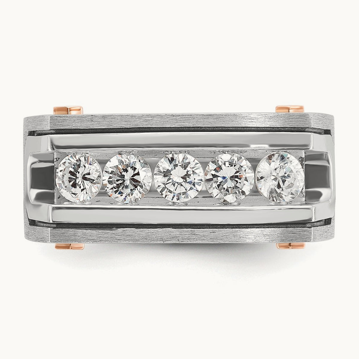 14kwr w/ Blk RH IBGoodman Men's Satin & Grooved 5-Stone Dia Ring