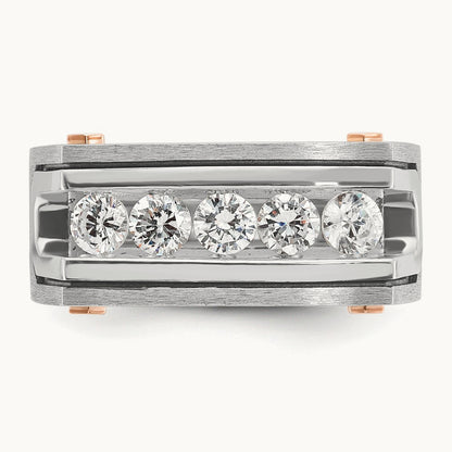 14kwr w/ Blk RH IBGoodman Men's Satin & Grooved 5-Stone Dia Ring