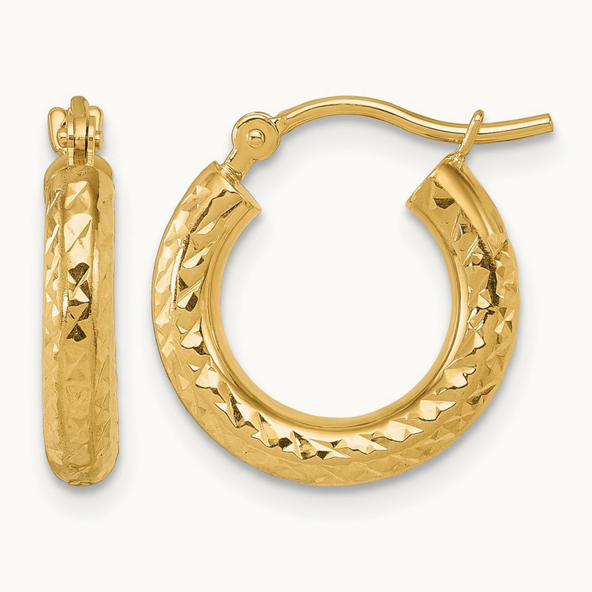 Diamond-cut Round Hoop Earrings — 14K Yellow Gold