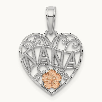 w/Rose Gold Flower NANA Heart Pendant, 14K White Gold