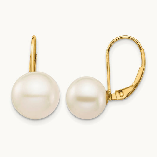 9- White Round Freshwater Cultured Pearl Leverback Earrings, 10mm, 14K